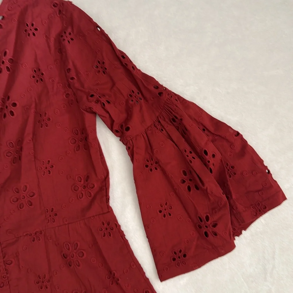 Beyond by Vera | 1891 Victoria Embroidered Eyelet Lace Bell Sleeve Dress Red (M) - Picture 14 of 16